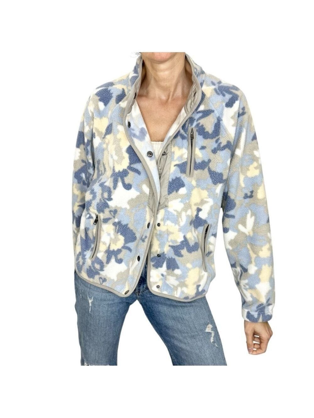 Thread + Supply blue taupe yellow white camo fleece jacket M